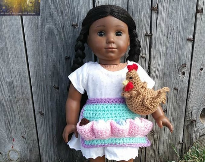 Crochet Pattern, 18 inch doll Egg Apron Chicken & Eggs, Chicken toy, 18 inch doll outfit, 18 inch doll clothes, 18 inch doll accessories