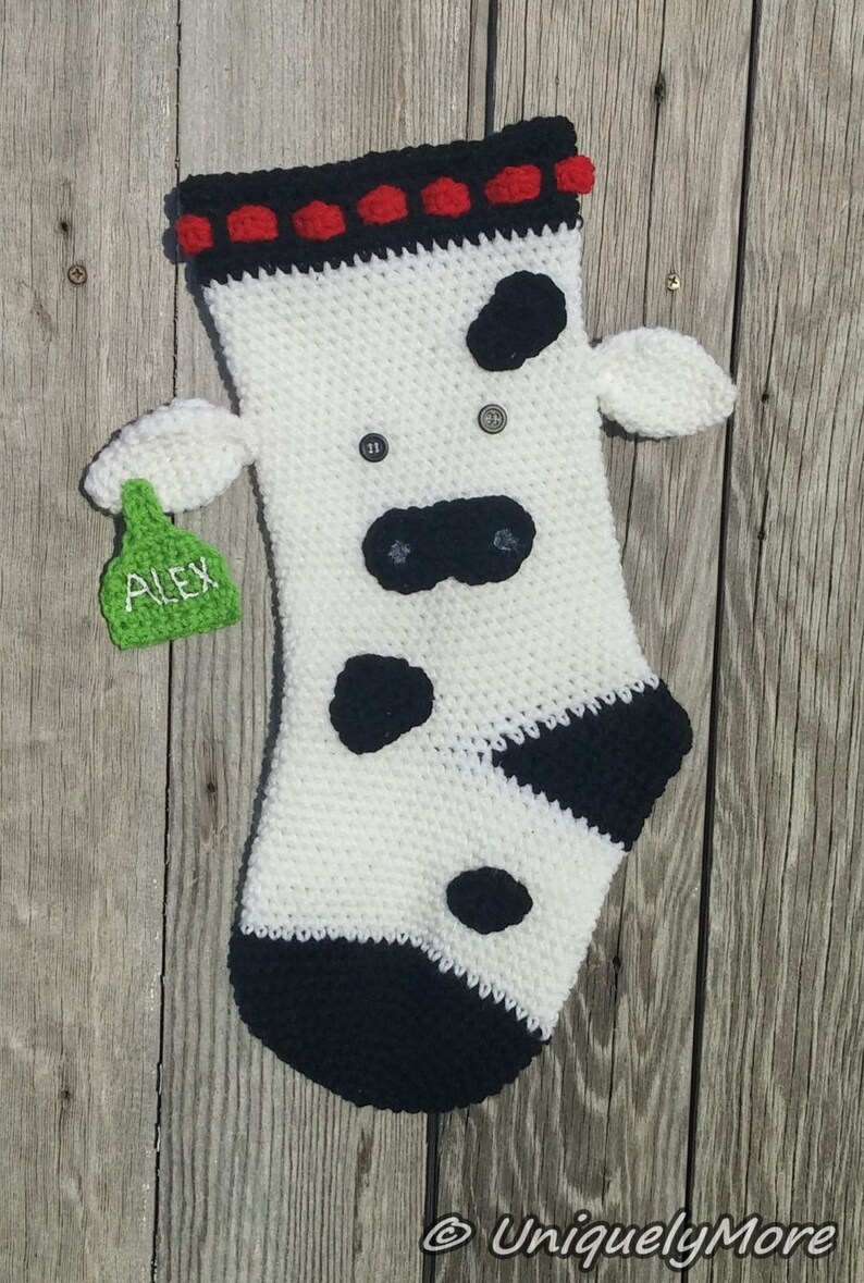 Cow Stocking Crochet Pattern Instant Download Cow Stocking DIY Instructions Farm Stocking Crochet Stocking Cow and ear tag Ear Tag image 3