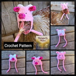 May include: A crochet pattern for a pink pig hat for a chicken. The pattern is called "Uniquely More".