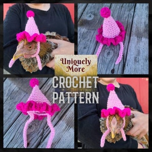 May include: A pink and fuchsia crocheted party hat with a pom-pom on top. The hat has long ties and is designed to fit a chicken. The image includes the text "Uniquely More CROCHET PATTERN".