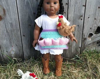 18 inch doll / Egg Apron / 2 Chickens and 10 Eggs / You pick the colors / 18 inch doll Set / Doll Egg Apron / Farm girl / Girl Gift / Apron