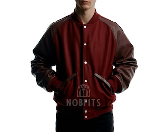 Men’s Maroon Varsity Jacket –Leather Sleeves & Wool Body Bomber Style College Letterman Jacket