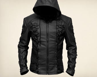 Svart herrjacka med huva i läder – Cosplay-bikeroutfit med snörning