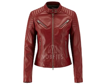 Women's Red Leather Biker Jacket - Slim Fit Moto Style jacket