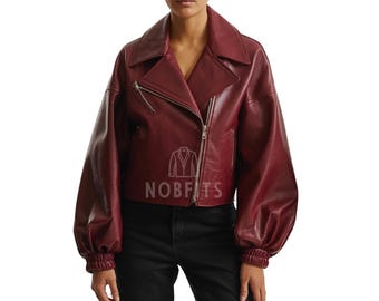Women's Maroon Balloon Sleeve Biker Leather Jacket – Oversized Cropped Moto Style jacket