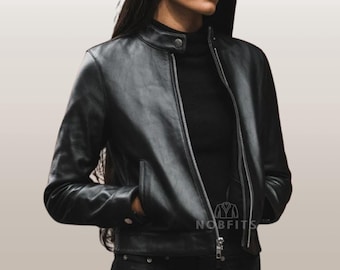 Women's Black Leather Biker Jacket Classic Slim Fit Moto Jacket