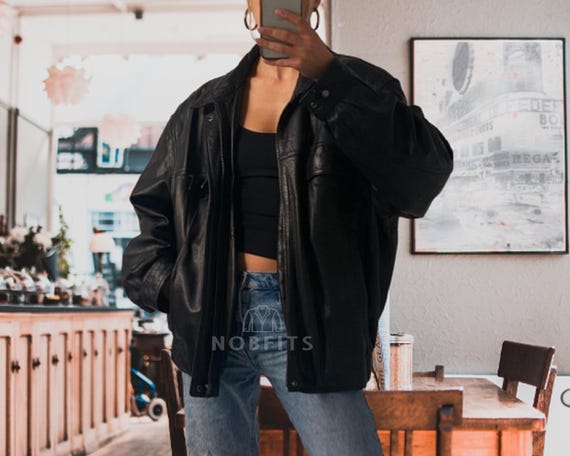 90's Women's Vintage Oversized Straight Bomber Black Real Leather
