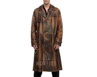 Brauner Distressed Leder Trenchcoat für Herren - Vintage Long Duster Mantel