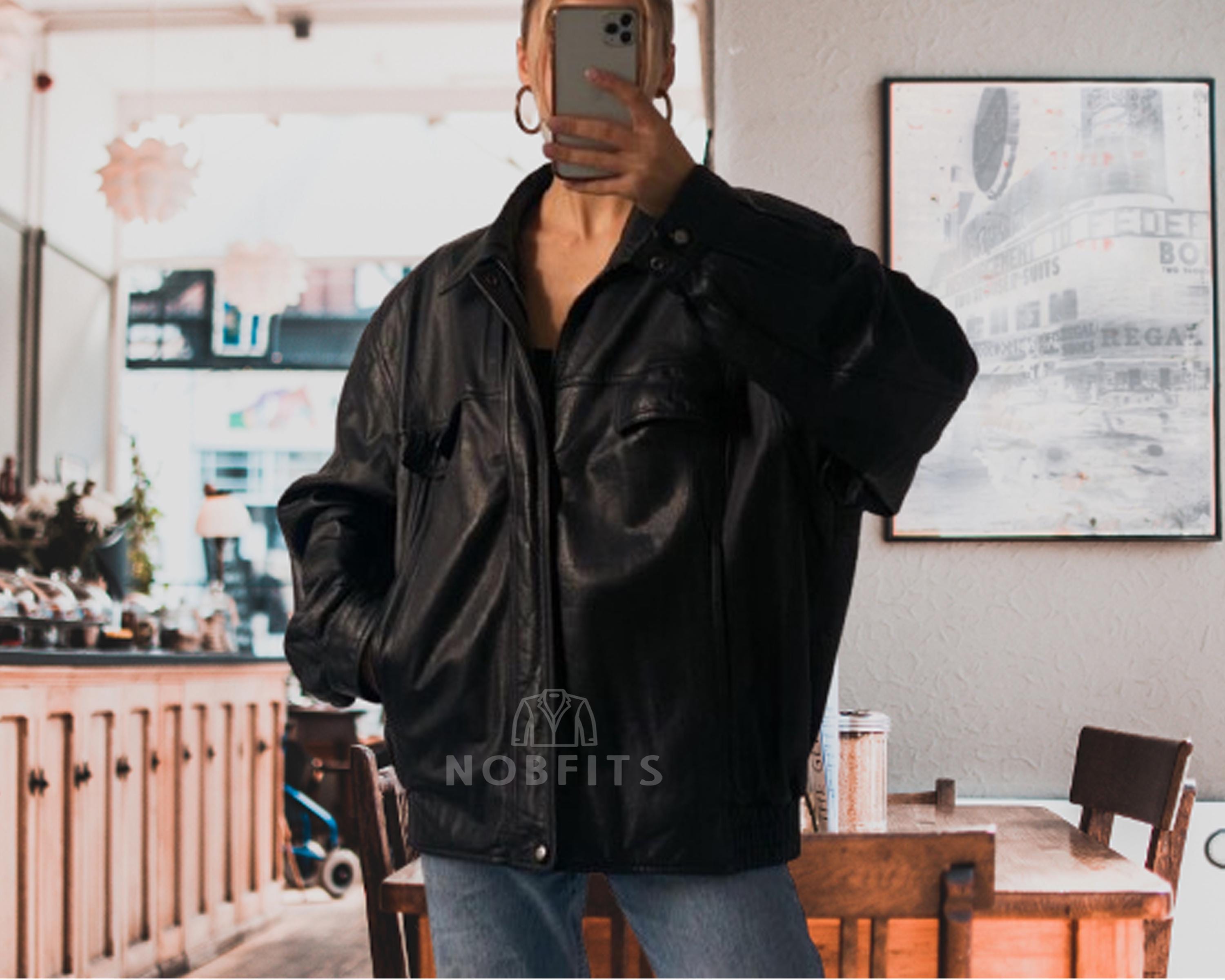 90's Women's Vintage Oversized Straight Bomber Black Real Leather