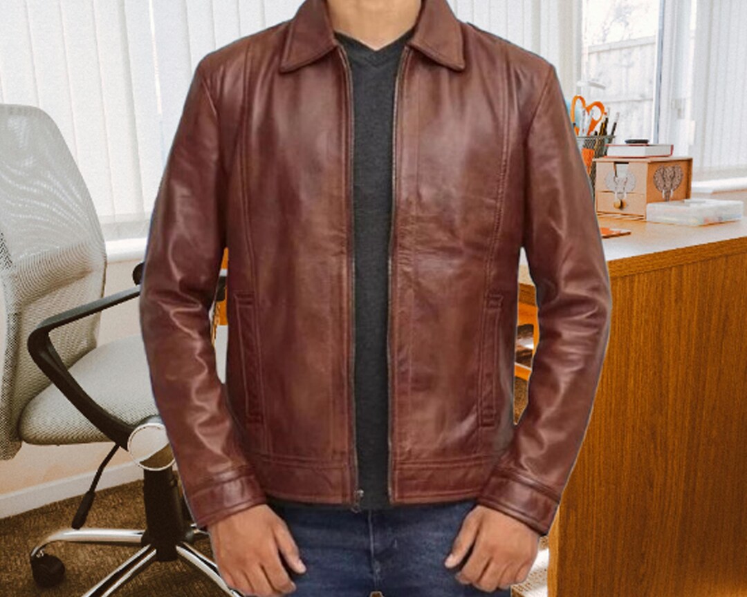 Classic Slim Fit Brown Leather Jacket for Men - Etsy
