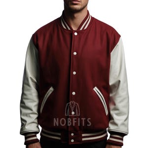 Men’s Maroon and White Varsity Jacket – Wool Bomber with Leather Sleeves | Classic College Letterman Style Varsity jacket