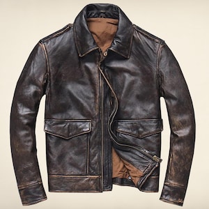 Blouson aviateur A2 en cuir marron effet vieilli pour homme fait main