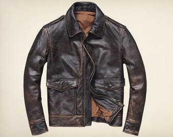 Men's A-2 Aviator Bomber Jacket 90s Vintage Distressed Sheepskin