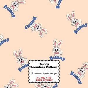 May include: Seamless pattern featuring cartoon bunnies with pink bows and the word "Bunny" in blue. The bunnies are set against a peach background. The image also includes text that reads "Bunny Seamless Pattern" and "Digital Download".
