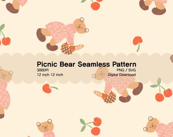 Crayon Teddy Bear Picnic Seamless Pattern, Kids Fabric Design, Nursery Decor (Digital Download)
