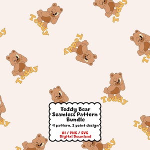 May include: A seamless pattern featuring cartoon teddy bears in various poses, with the word "Teddy" in a retro font. The bears are brown with lighter brown accents, set against a cream background. The image also includes text: "Teddy Bear Seamless Pattern Bundle".