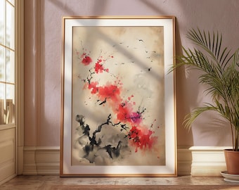 Impresión digital de acuarela de flores de azalea, arte mural inspirado en el sumi-e japonés, regalo para amantes de las flores, decoración con diseño natural, rojo y rosa, regalo para mamá.