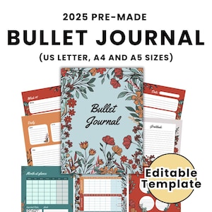 Paquete de Bullet Journal Floral 2025: Páginas editables con planificadores de seguimiento de hábitos - Autocuidado (tamaño carta estadounidense, A4 y A5) - bulletjourn