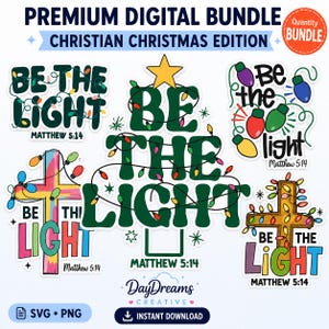 Puede incluir: Un paquete digital de diseños navideños cristianos con el texto Be The Light y Matthew 5:14. Los gráficos incluyen letras verde oscuro, luces de colores, una estrella amarilla y cruces de varios colores sobre un fondo blanco.
