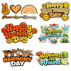 ハッピーハーモニーデーPNGバンドル、ハーモニーデーの名言SVG、レトロなハーモニークリップアート、周りの幸せ、虹の名言、デジタルダウンロード