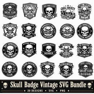 Puede incluir: Una colección de veinte insignias circulares y en forma de escudo en blanco y negro con ilustraciones de calaveras y varias frases de texto como Moody Legends, Chill Society y Zero Patience, presentadas como un paquete de diseño gráfico.