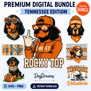 May include: A premium digital bundle Tennessee edition featuring various illustrations of dogs wearing orange and white apparel, sunglasses, and hats. Includes text elements like Rocky Top, Smokey, and University of Tennessee, along with a football and a license plate graphic, all presented in a sticker-style format.