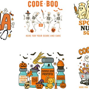 May include: A collection of Halloween-themed illustrations. One design features a skeleton in a nurse's uniform pushing a cart of candy. Other designs include skeletons, ghosts, pumpkins, and medical-themed elements. Text includes "CODE-BOO" and "SPOOKY NURSE SQUAD."