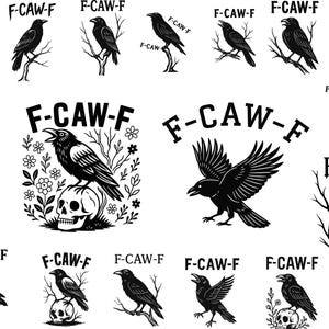 May include: A collection of black and white crow illustrations, some perched on branches or skulls, with the text "F-CAW-F" above each. The artwork has a gothic or Halloween theme.
