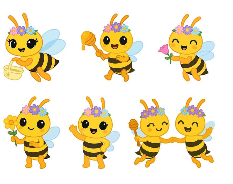 May include: A collection of cartoon bees with yellow bodies, black stripes, and blue wings. Each bee wears a flower crown and holds various items, including a basket, honey dipper, and flowers. The bees have smiling faces.