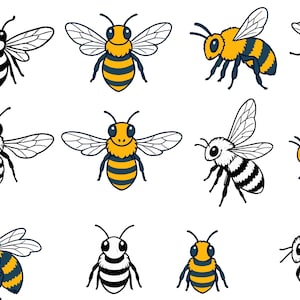 May include: A collection of cartoon bee illustrations in various poses. Some bees are colored yellow and black, while others are black and white. All have wings and antennae.
