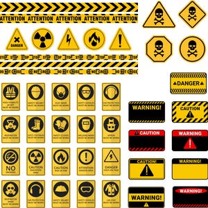 Pode incluir: Uma coleção de sinais de segurança amarelos e pretos com vários símbolos e texto, incluindo "Perigo", "Aviso" e "Cuidado". Os sinais indicam perigos potenciais e requisitos de segurança.