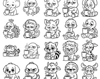 Kawaii Coffee Animal SVG Bundle: Funny Sarcastic Mug Prints