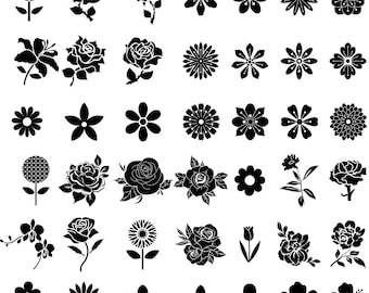 May include: A collection of black floral silhouettes, including roses, daisies, and other stylized flower designs. The image features a variety of shapes and sizes, perfect for crafting or design projects. The flowers are arranged in a grid pattern against a white background.