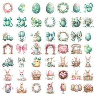 Easter Clipart Watercolor, Country Easter Clipart, Easter Basket, Easter Bunny, Floral Bunny PNG, Floral Borders, Frames, Seamless Patterns