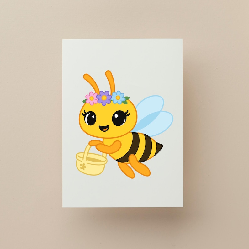 May include: A cartoon illustration of a yellow bee with black stripes, wearing a flower crown and holding a small basket. The bee has blue wings and a smiling face. The image is on a white background.