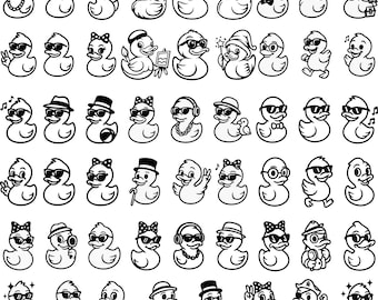 May include: A collection of cartoon duck illustrations in black and white. Each duck is uniquely accessorized with items like sunglasses, hats, bow ties, headphones, and bow ties. Some ducks are holding objects or have musical notes.