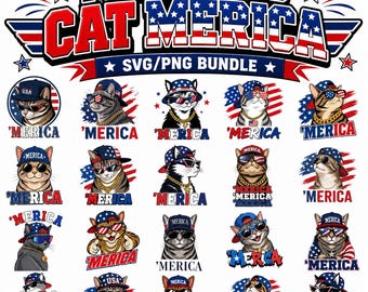 Op de afbeelding: Een digitale grafische bundel met illustraties van katten in patriottische outfits. Elke kat draagt een zonnebril en een hoed met Amerikaanse vlagontwerpen, met het woord "'MERICA" eronder. De bovenste banner luidt "PATRIOTIC CAT MERICA".