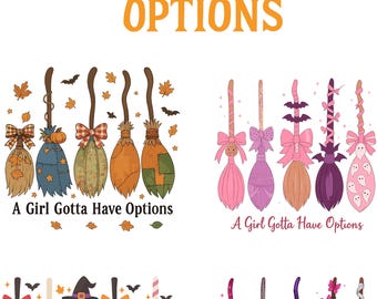 Retro A Girl’s Gotta Have Options Png, Retro Halloween Witches Png, Spooky Season Png, Witch Brooms Png,  Vintage Halloween Png, Cartoon Png