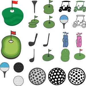 Peut inclure: Ensemble d'illustrations sur le thème du golf. L'image comprend des balles de golf, des clubs, des voiturettes, des tees et des éléments de parcours comme des greens avec des drapeaux. La palette de couleurs est principalement verte, noire, blanche et rouge.