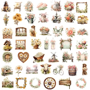 HELLO LENTE CLIPART png-collectie, aquarel boho lente clipart voor scrapbooking, karton, bloemen, natuur, tuin, wilg