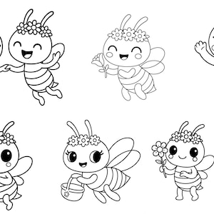 May include: Black and white illustration of several cartoon bees. The bees have striped bodies, wings, and flower crowns. Some bees hold honey dippers, flowers, or a basket. One bee is waving, and two are holding hands.