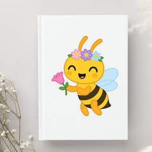 May include: A white notebook featuring a cartoon bee with a flower crown and a pink flower. The bee is yellow with black stripes and blue wings. The bee is smiling and holding a pink flower.