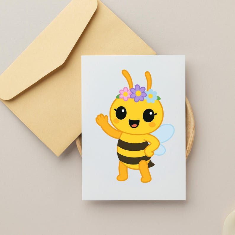 May include: A greeting card featuring a cartoon bee with a flower crown, waving its right hand. The bee is yellow with black stripes and blue wings. An envelope is in the background.