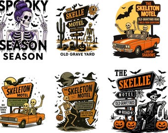 Motel Skellie PNG, Halloween divertido PNG, Esqueleto divertido de Halloween, Mansión embrujada PNG, Clipart de Motel Skellie, Cementerio de esqueletos PNG Bundle