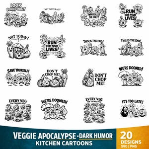 Puede incluir: Dieciséis diseños de dibujos animados en blanco y negro con verduras angustiadas. Incluye frases como "¡Corre por tus vidas!" y "¡No me cortes!". El texto inferior dice "Veggie Apocalypse - Dark Humor" y "Kitchen Cartoons".
