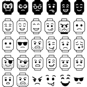 May include: A collection of black and white Lego-style heads with various facial expressions. The expressions range from happy and smiling to angry and sad, including winking, sticking out tongues, and wearing sunglasses. The heads are arranged in rows and columns.