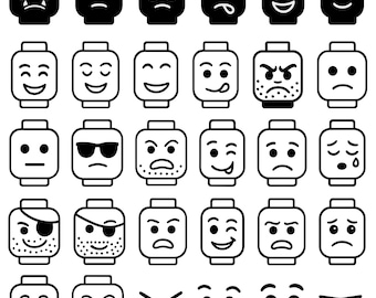 May include: A collection of black and white Lego-style heads with various facial expressions. The expressions range from happy and smiling to angry and sad, including winking, sticking out tongues, and wearing sunglasses. The heads are arranged in rows and columns.
