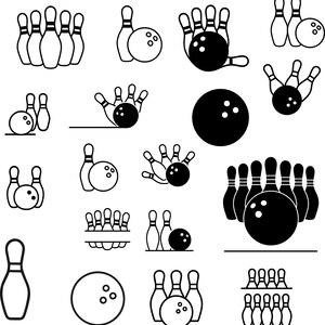 May include: A collection of black and white bowling-themed illustrations. The images include bowling pins, bowling balls, and various combinations of pins and balls, perfect for sports-related designs.
