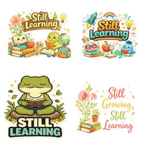 Könnte beinhalten: Eine Sammlung farbenfroher Aufkleber mit dem Text "Still Learning" und anderen Bildungsthemen. Die Aufkleber zeigen Illustrationen von Büchern, Tieren und Schulmaterialien im Cartoon-Stil. Die Farbpalette umfasst Grün-, Orange- und Blautöne.