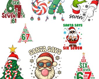 Könnte beinhalten: Eine Sammlung weihnachtlicher Grafiken mit den Zahlen sechs und sieben. Designs umfassen Weihnachtsbäume, den Weihnachtsmann und Hände im Grinch-Stil. Text enthält "Santa Says" und "Six Seven."